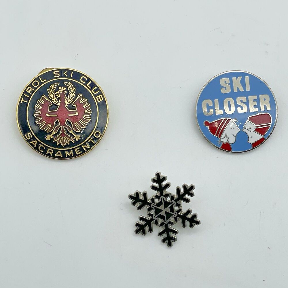 Lot of 3 Retro Pins TIROL Ski Club Sacramento/ Ski Closer/ Snow Flake Made Japan